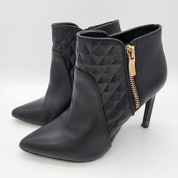 BCBGeneration Stiletto Bootie Boot Size 5M Black Leather Gold Zipper Pointed Toe - Picture 3 of 12